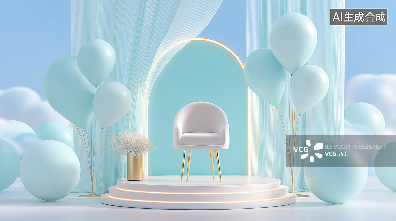 【AI数字艺术】清新电商背景——产品展台与白色扶手椅图片素材