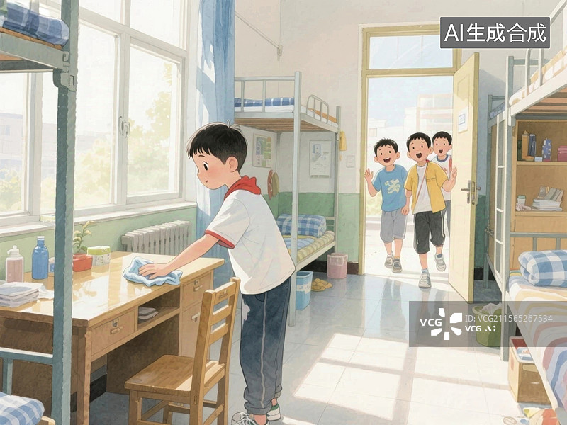 【AI数字艺术】宿舍里的小男孩在打扫卫生图片素材
