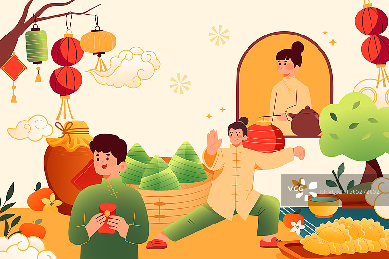 卡通夏季端午节粽子习俗美食餐饮饮食吃饭雄黄酒团圆古人功夫家人传统节日自然风景中国风国潮渐变矢量插画图片素材