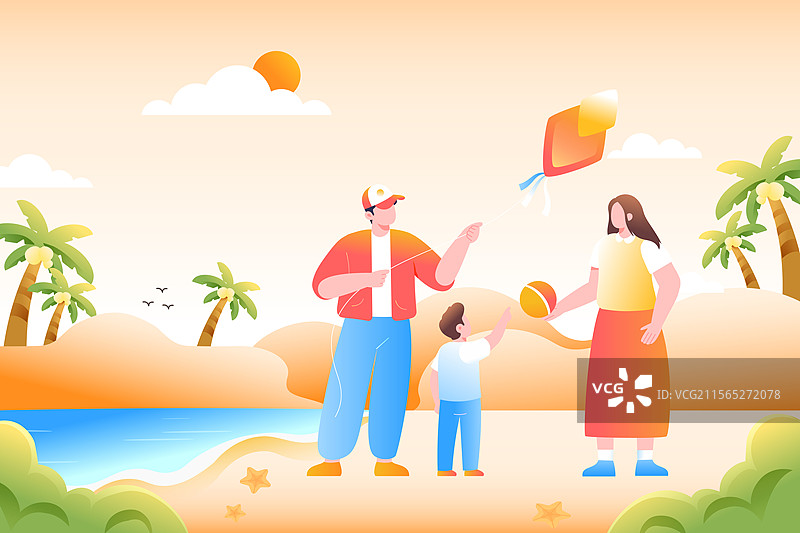 卡通夏季夏天暑期生活休闲娱乐方式电商促销优惠度假亲子游家人家庭旅游户外海边度假自然风景渐变矢量插画图片素材