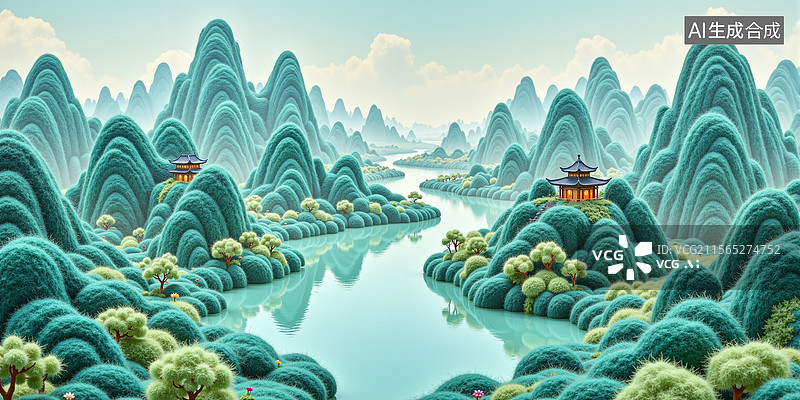 【AI数字艺术】3D毛毡风格中式山水风景插画图片素材