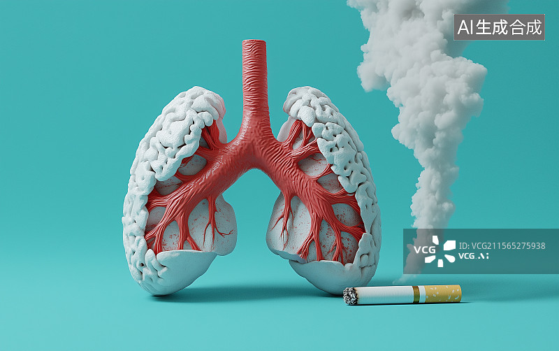 【AI数字艺术】一颗肺部模型和一支香烟图片素材