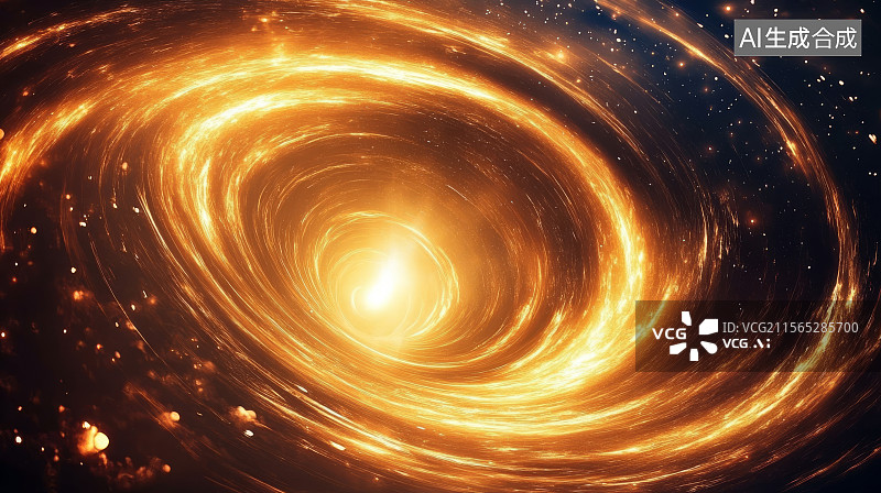 【AI数字艺术】燃烧光晕构成的金色螺旋星云结构图像图片素材