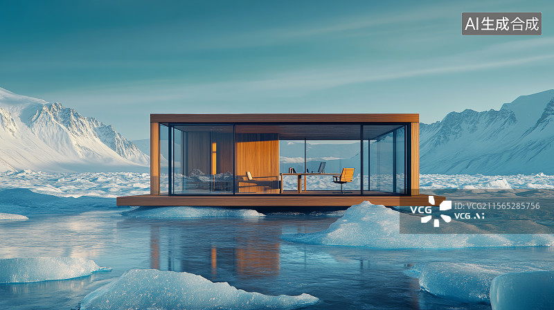 【AI数字艺术】在寒冷山景之中建造的湖面现代别墅建筑图片素材
