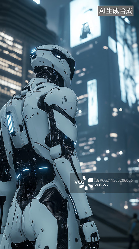 【AI数字艺术】夜晚城市街头仰望高楼的人形机器人背影图片素材