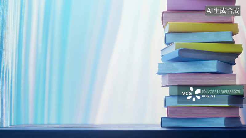 【AI数字艺术】桌面上整齐堆叠的彩色书本与浅蓝背景图片素材