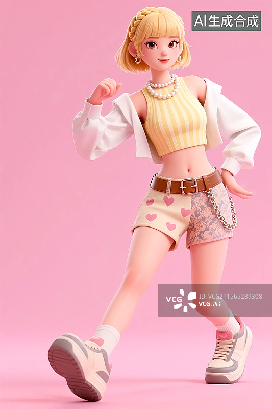 【AI数字艺术】舞姿的3D夏季黄色潮流服装女孩图片素材