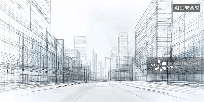 【AI数字艺术】简洁线稿表现未来城市远景中的主干道透视图片素材