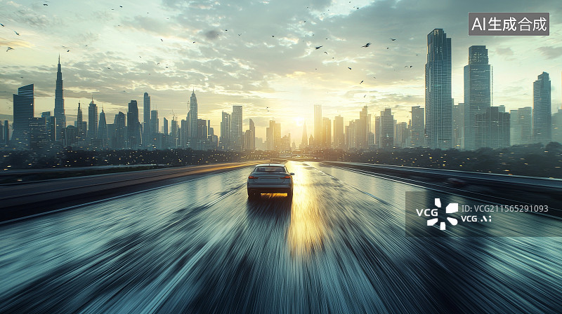 【AI数字艺术】清晨车速模糊效果展现都市街道动感穿行图片素材