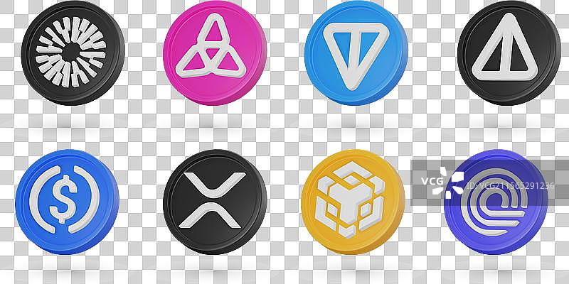 不同的3D加密货币硬币组合图片素材