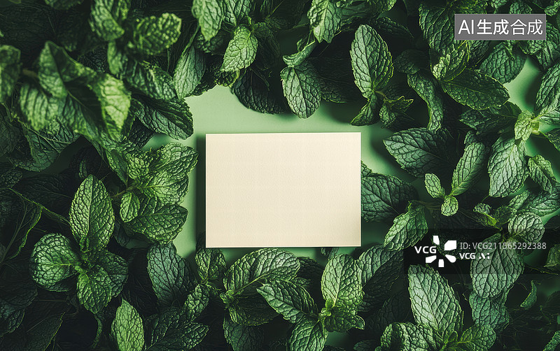 【AI数字艺术】绿叶环绕的空白卡片图片素材