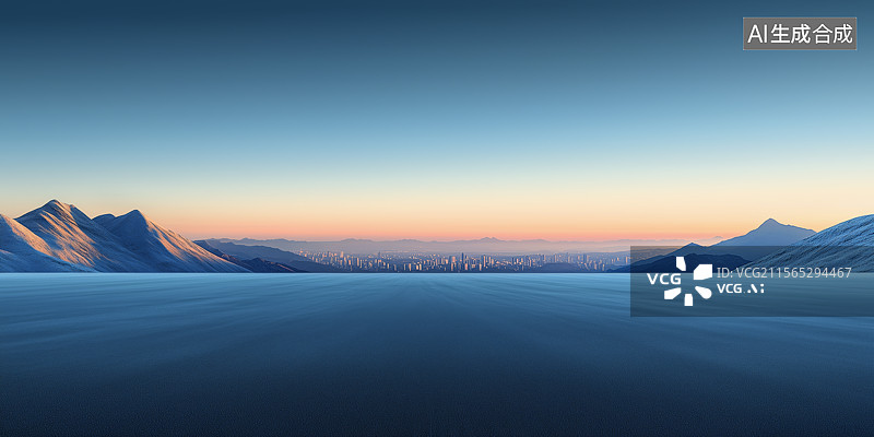 【AI数字艺术】空旷的道路和城市天际线图片素材