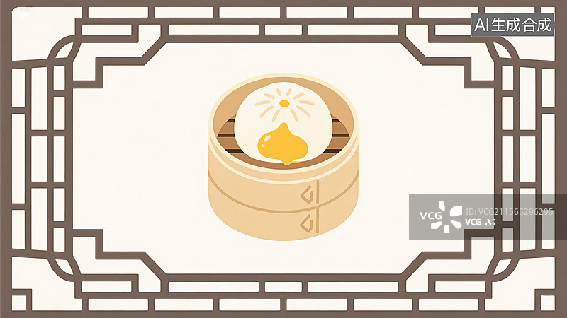 【AI数字艺术】一笼奶黄流沙包-中式传统美食小吃国风插画图片素材