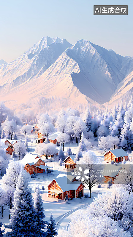 【AI数字艺术】3D卡通雪山下的村庄图片素材