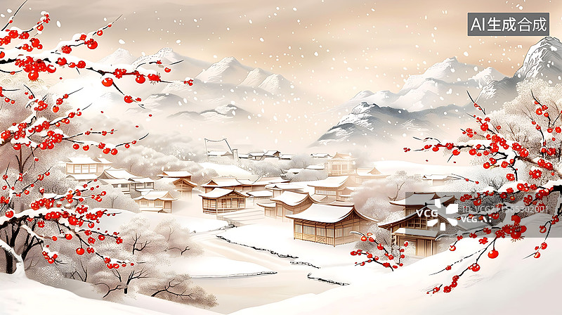 【AI数字艺术】水墨丹青雪乡画卷图片素材