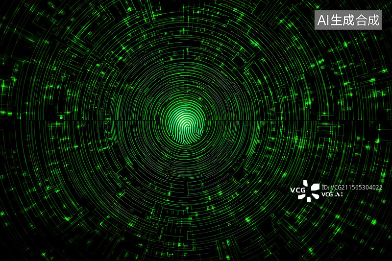 【AI数字艺术】绿色科技概念指纹锁安全系统，指纹扫描识别系统图片素材