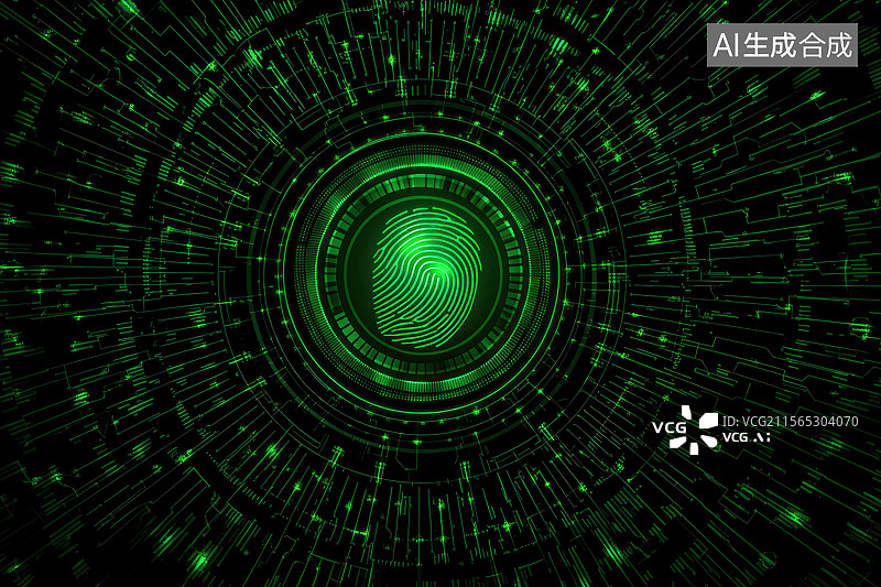 【AI数字艺术】绿色科技概念指纹锁安全系统，指纹扫描识别系统图片素材