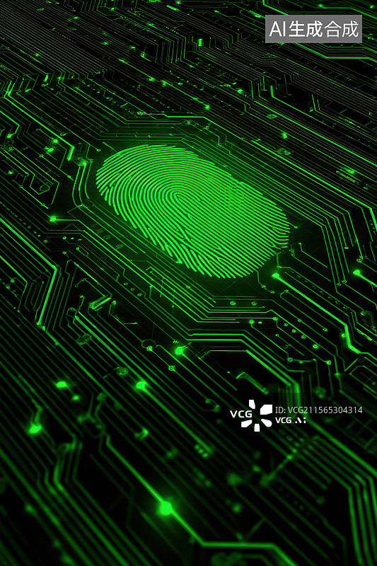 【AI数字艺术】绿色科技概念指纹锁安全系统，指纹扫描识别系统图片素材