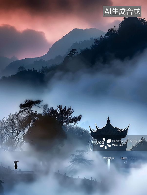 【AI数字艺术】云雾缥缈的中国传统古建筑图片素材