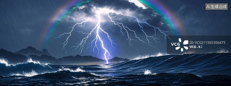 【AI数字艺术】闪电与彩虹下的波涛汹涌海面图片素材