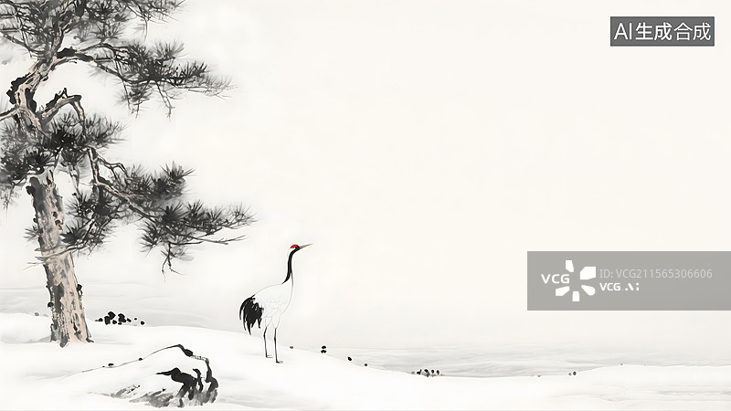 【AI数字艺术】松树和仙鹤水墨画背景居左图片素材