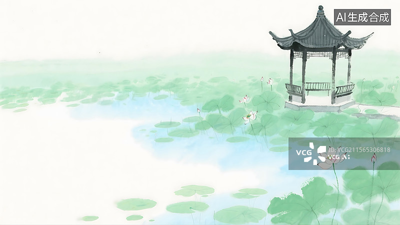 【AI数字艺术】荷塘中的凉亭水墨画背景图片素材