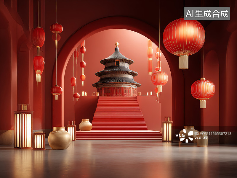 【AI数字艺术】国风山水意境三维插画背景图片素材