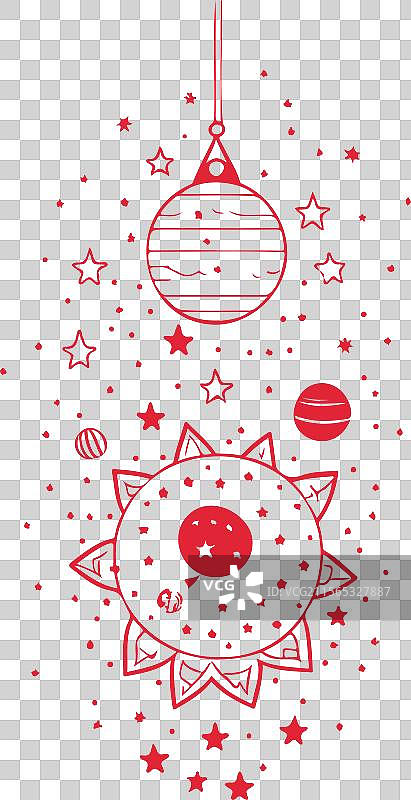 红色涂鸦风格的太空孩子们挂在星星和行星上图片素材