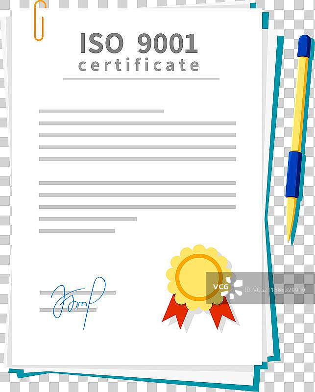 带有金色印章的ISO 9001证书文件图片素材