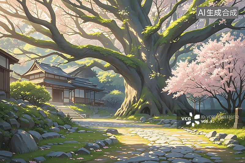 【AI数字艺术】春日古镇风景图图片素材