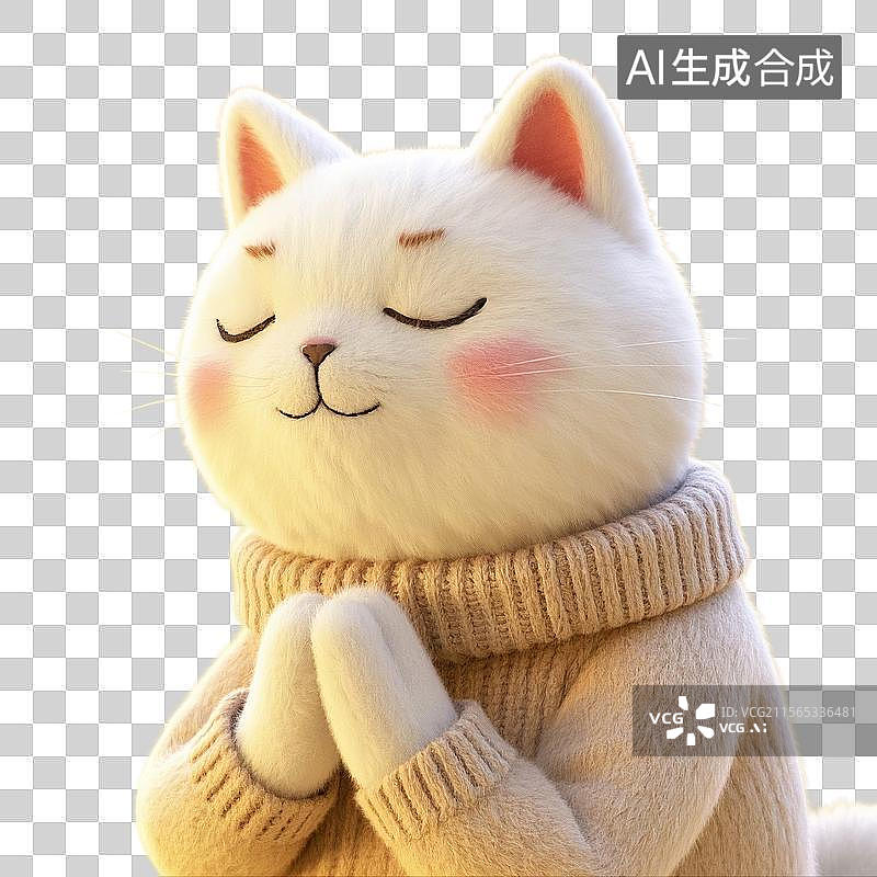 【AI数字艺术】3D渲染，治愈系插画，双手合十，许愿的小猫，橘猫，宠物猫，佛系宠物猫，祈福，祈祷，免抠元素图片素材