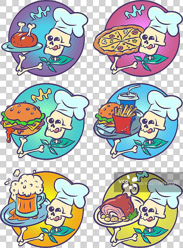 美味的骷髅厨师套装与不同的菜肴图片素材