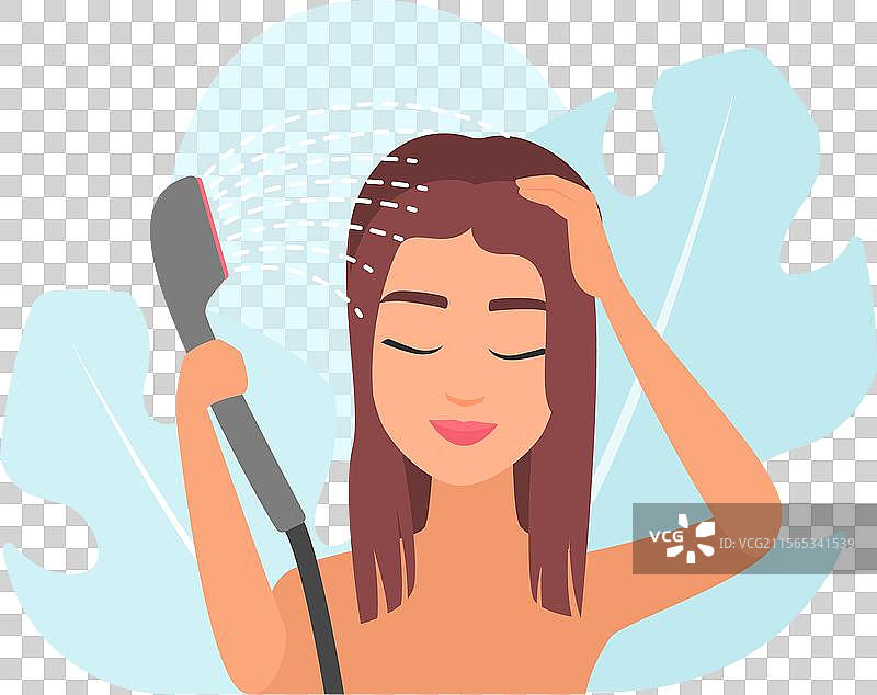 女孩在清澈的水流中洗头图片素材