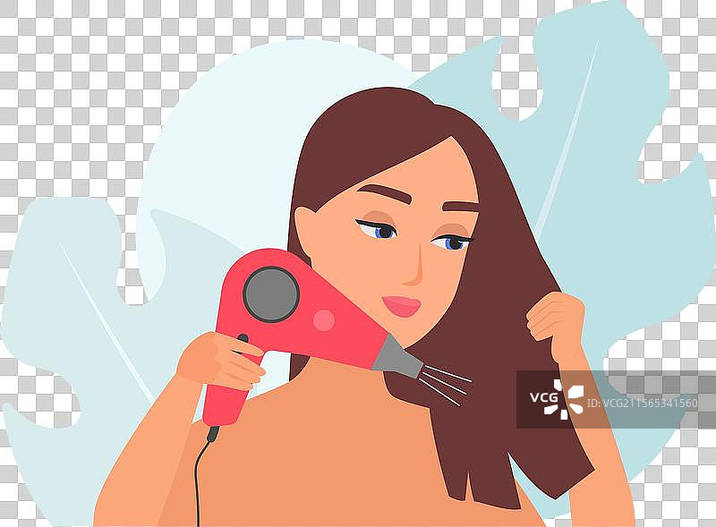 女孩用吹风机吹干头发，年轻女性角色图片素材