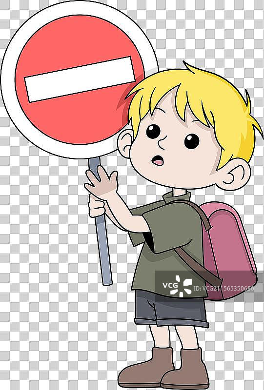 好奇的金发卡通男孩手持禁止入内标志图片素材