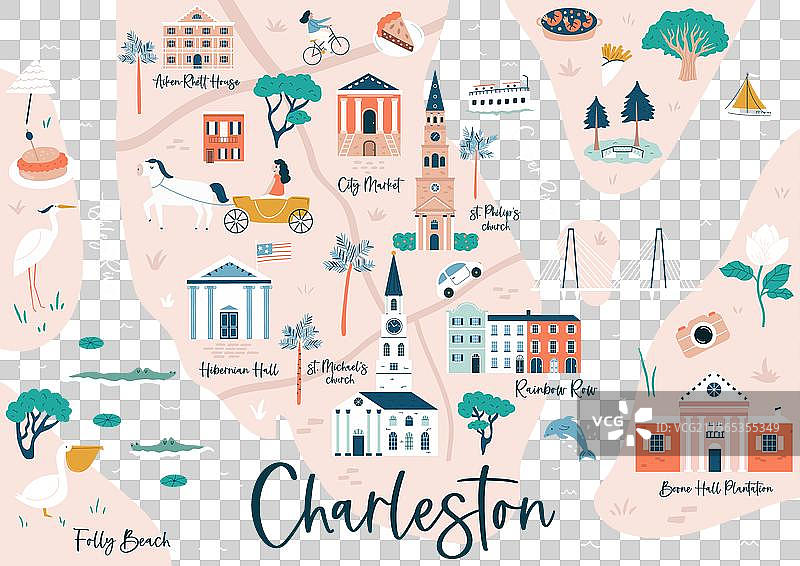 手绘的南卡罗来纳州查尔斯顿地图图片素材