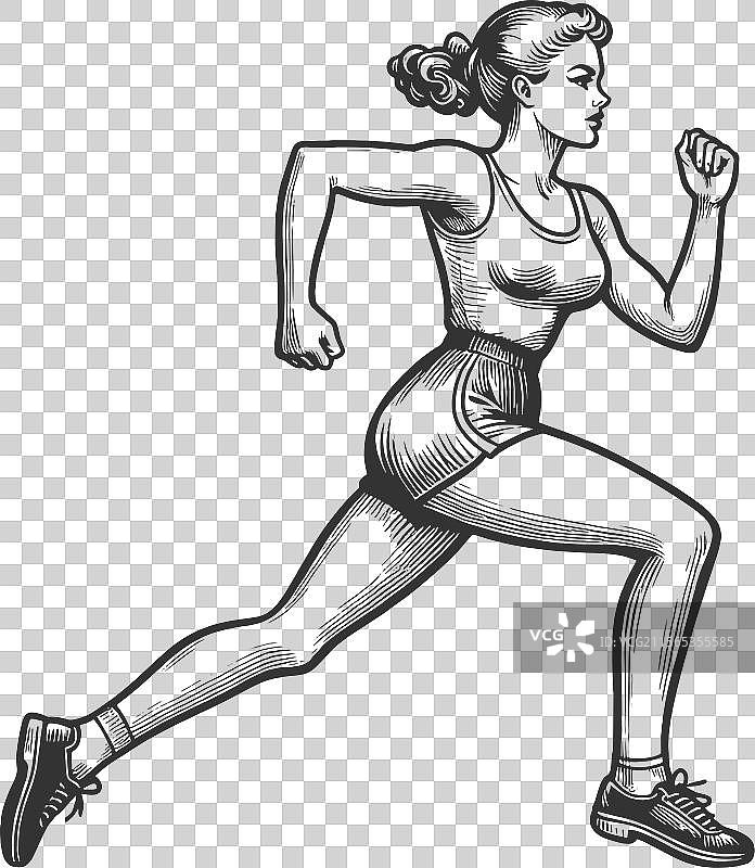 穿着复古运动服的女性慢跑素描图片素材