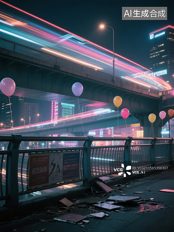 【AI数字艺术】夜晚城市高架桥下的霓虹灯和气球图片素材