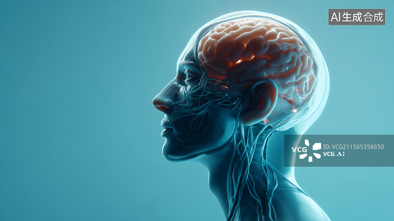 【AI数字艺术】人类大脑，生物医疗插图图片素材