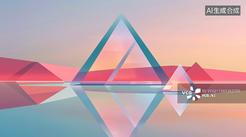 【AI数字艺术】三角晶体结构倒影于粉色蓝色渐变水面图片素材