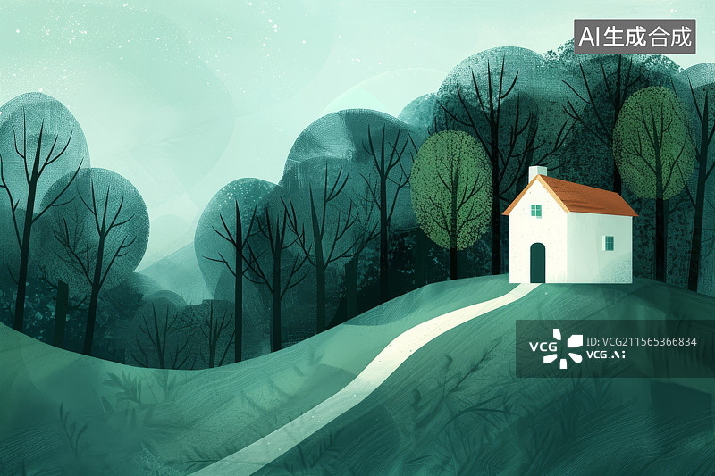 【AI数字艺术】插画风格描绘绿色山丘上孤立白色小屋与松树林图片素材