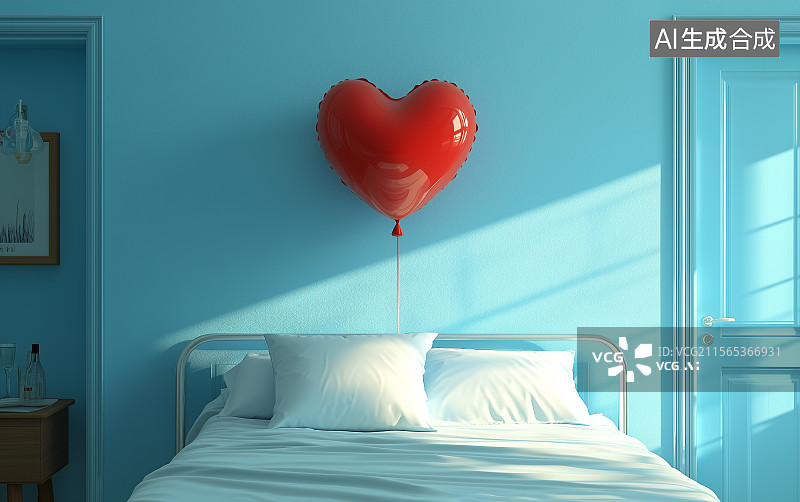 【AI数字艺术】医院病床上漂浮一只红色爱心气球图片素材