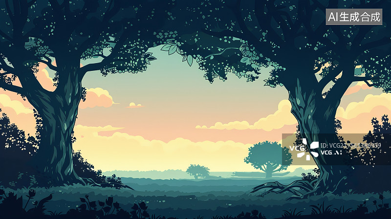 【AI数字艺术】两棵树间望向远处林地草原的日落风景插画图片素材