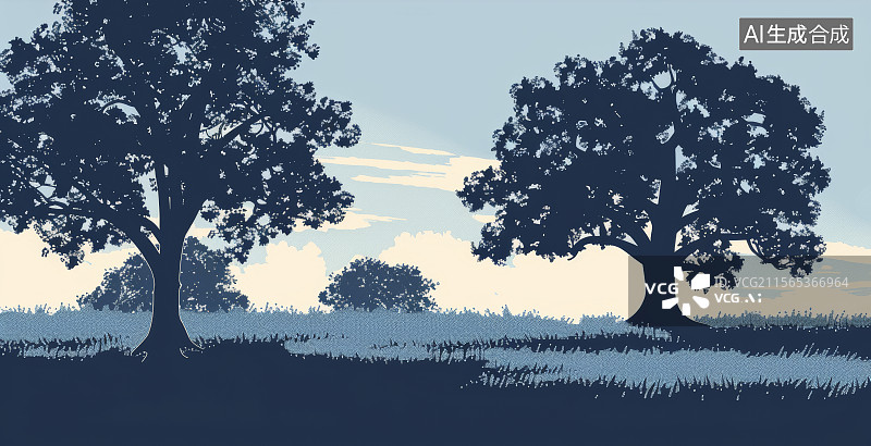 【AI数字艺术】两棵树间望向远处林地草原的日落风景插画图片素材