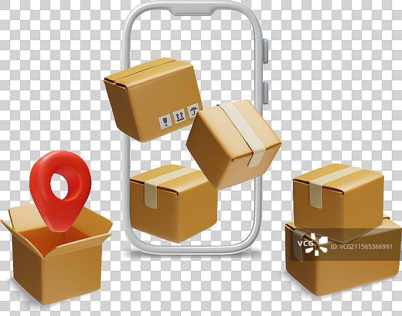 带有地理位置标志的3D纸箱图片素材