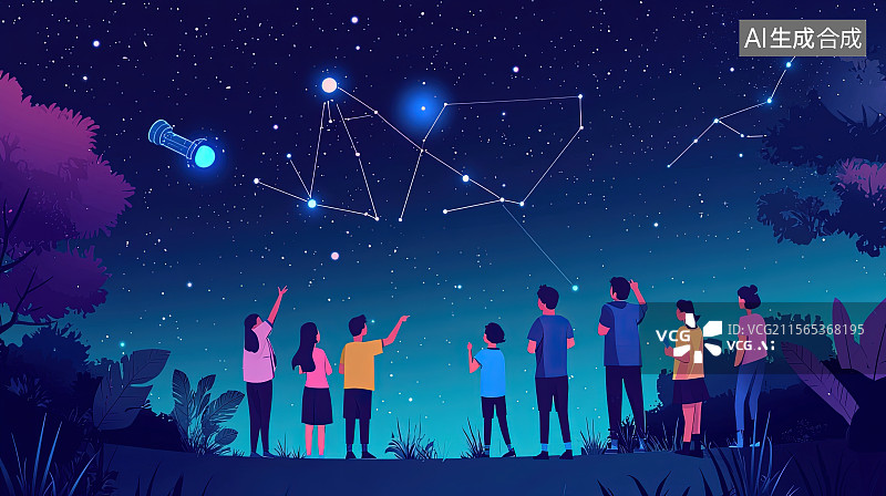 【AI数字艺术】夜晚天文爱好者们在郊外仰望观测星空图片素材