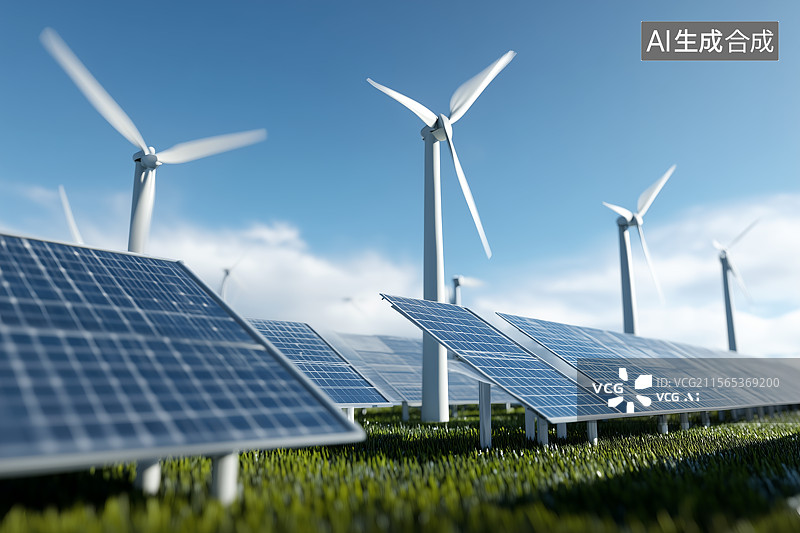 【AI数字艺术】风力发电机和太阳能光伏面板图片素材
