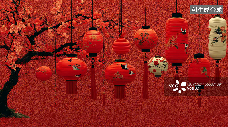 【AI数字艺术】中国传统灯笼与春花图片素材