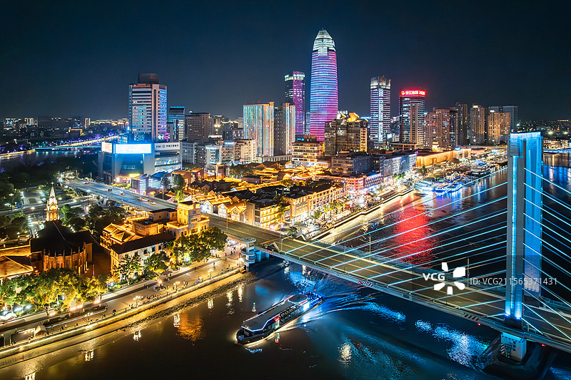 浙江宁波三江口夜景灯光秀航拍图片素材