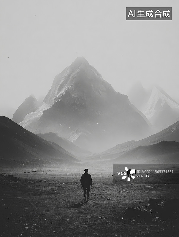 【AI数字艺术】巍峨山峰中的孤寂图片素材
